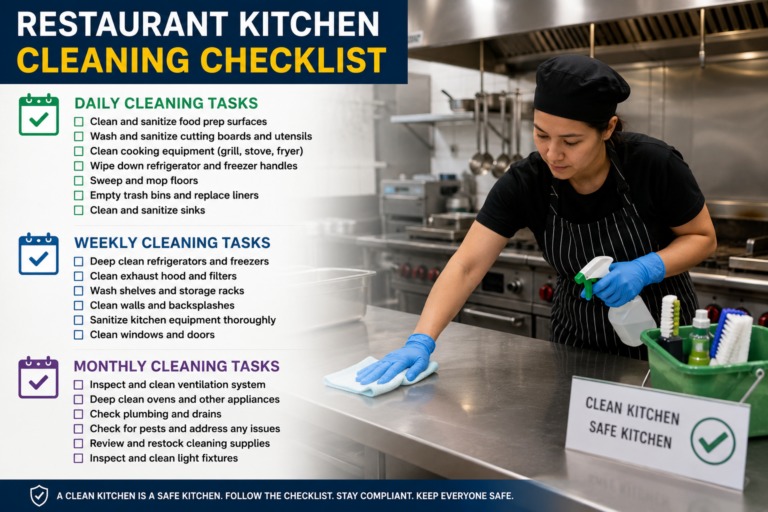 Restaurant kitchen cleaning checklist with staff sanitizing commercial kitchen equipment