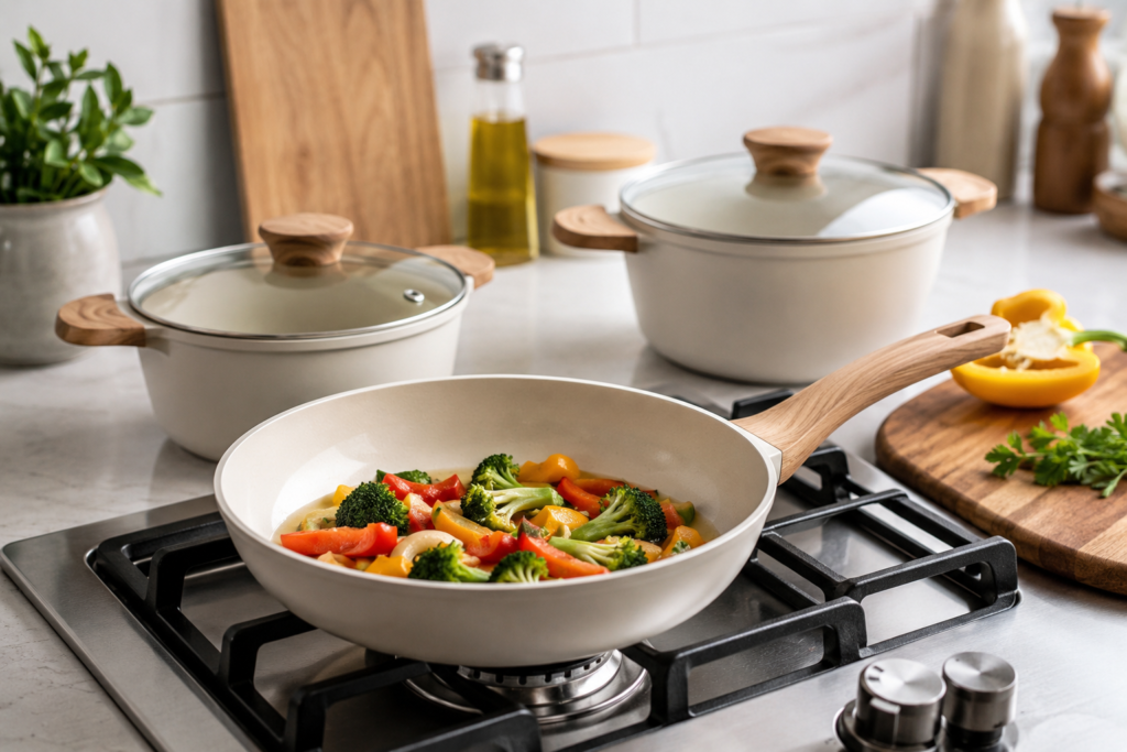 Is ceramic cookware safe? Modern ceramic cookware with fresh vegetables on a stovetop