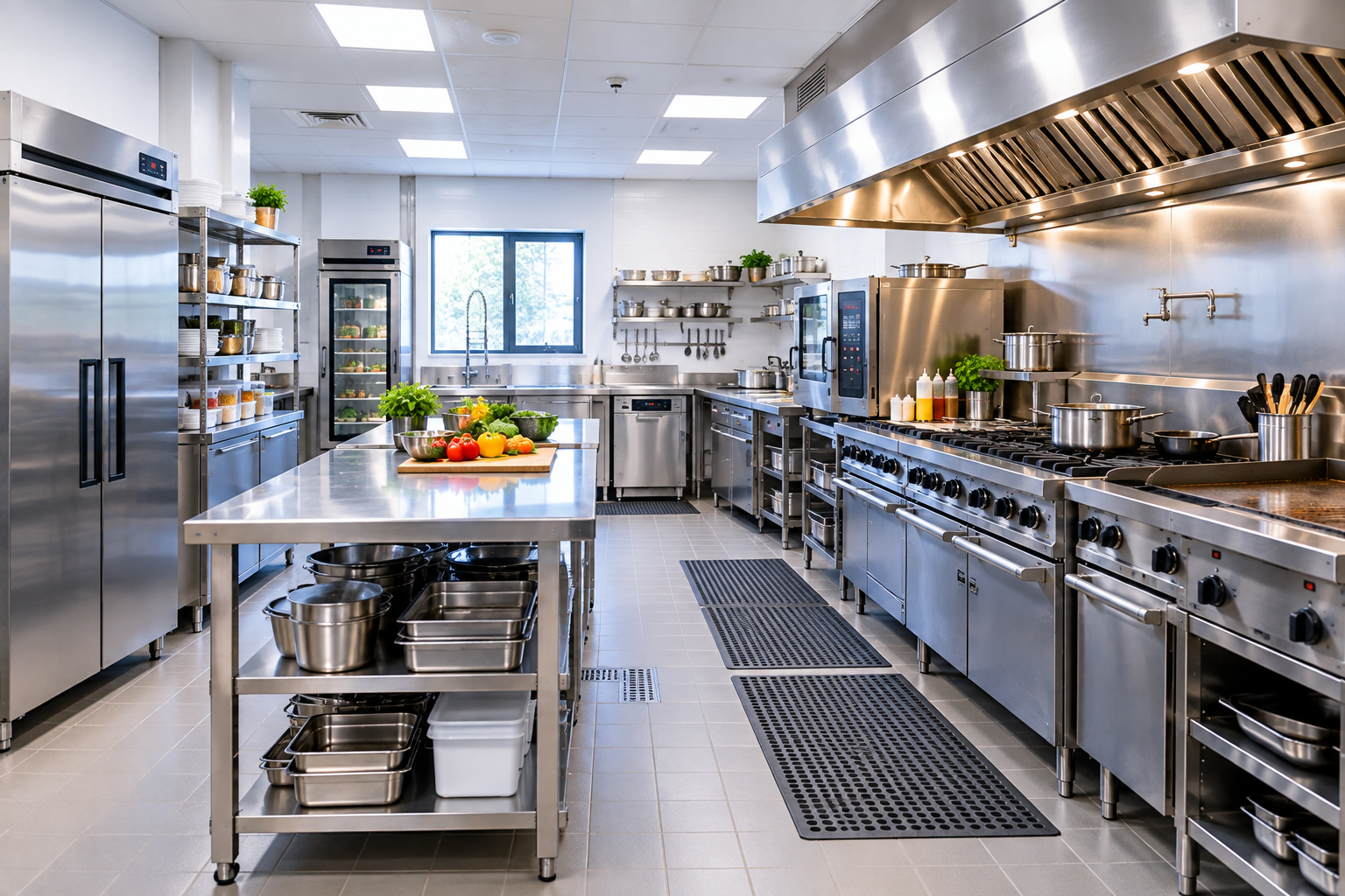 Commercial kitchen equipment layout and workspace